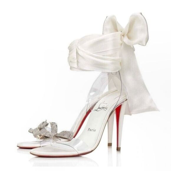 CHRISTIAN LOUBOUTIN Astrinodo Crystal Bow PVC White Sandal Size 38.5 Heel - Picture 2 of 16
